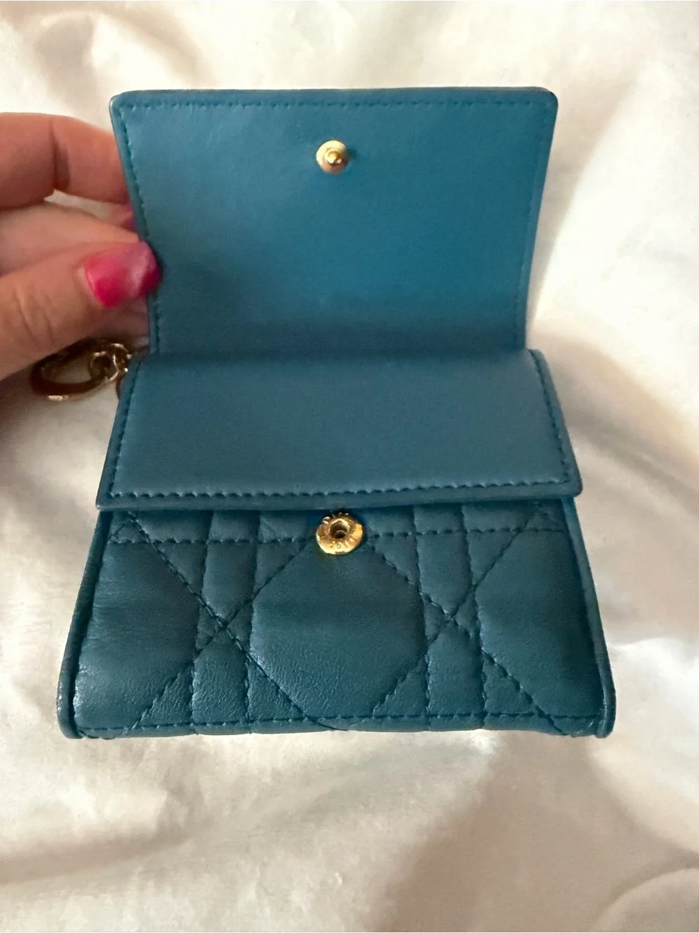 Dior Cannage Leather Double Flap Compact Teal Blue Wallet w/Gold-tone DIOR Charm